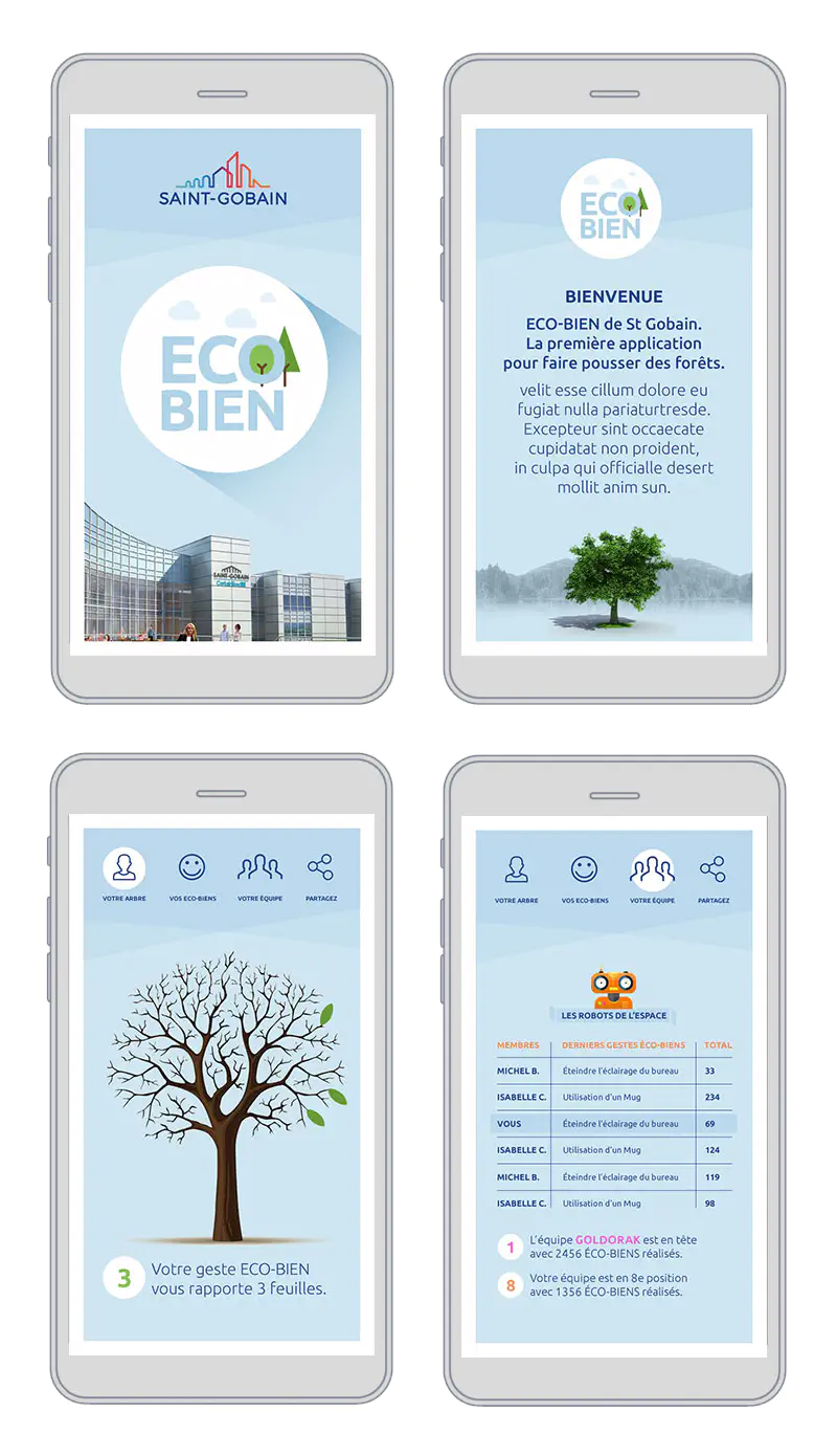 Application-EcoBien-Saint-Gobain Conception et design pour une application d'advergame Ecologique pour Saint-Gobain monde
