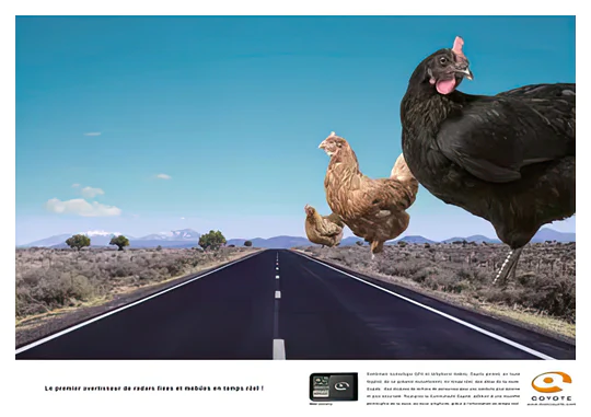 Coyote-2 Campagne publicitaire pour Coyote l'avertisseur de radars, trafic et dangers en temps réel avec les poulets